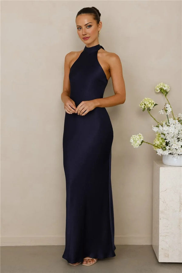 The Cleo Halter Satin Maxi Dress Navy