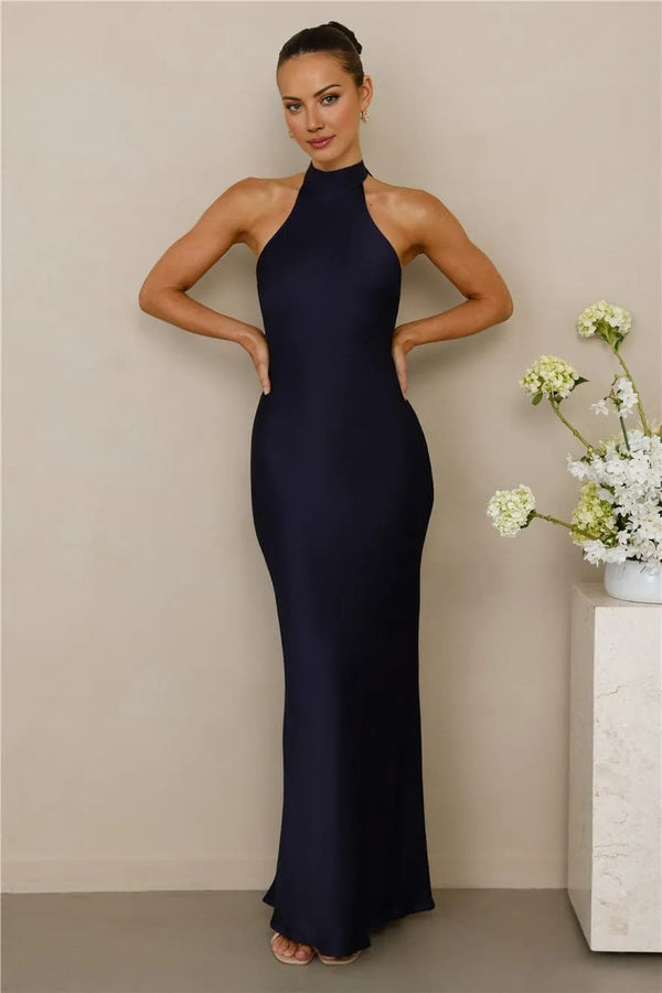 The Cleo Halter Satin Maxi Dress Navy