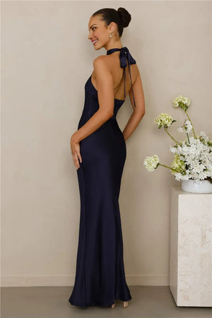 The Cleo Halter Satin Maxi Dress Navy