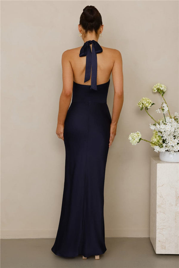 The Cleo Halter Satin Maxi Dress Navy
