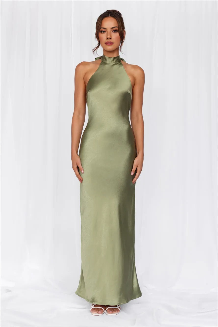 The Cleo Halter Satin Maxi Dress Olive
