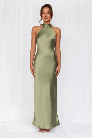 The Cleo Halter Satin Maxi Dress Olive