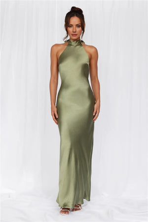 The Cleo Halter Satin Maxi Dress Olive