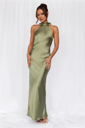 The Cleo Halter Satin Maxi Dress Olive