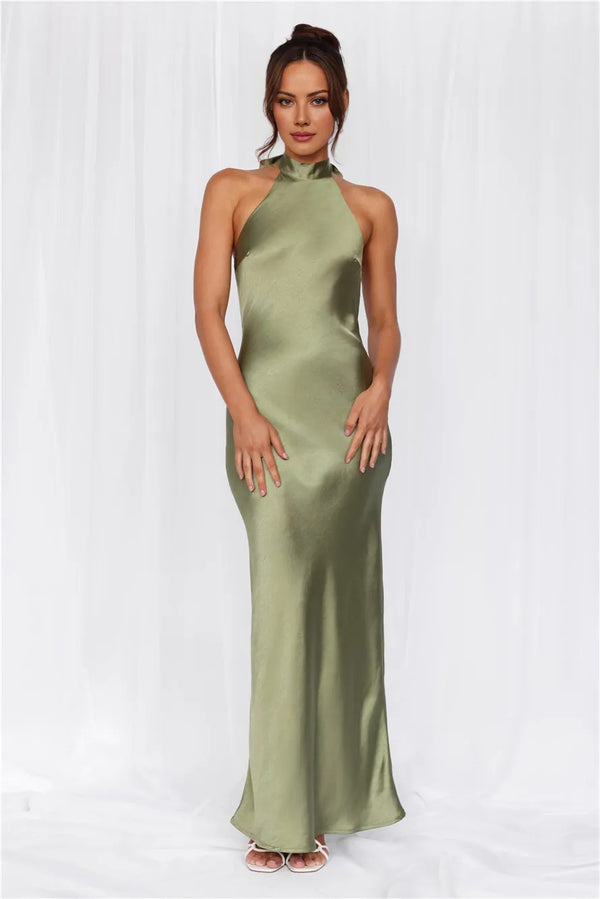 The Cleo Halter Satin Maxi Dress Olive