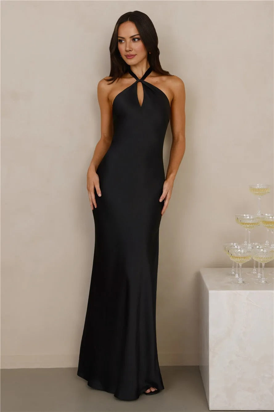 The Delilah Satin Halter Maxi Dress Black