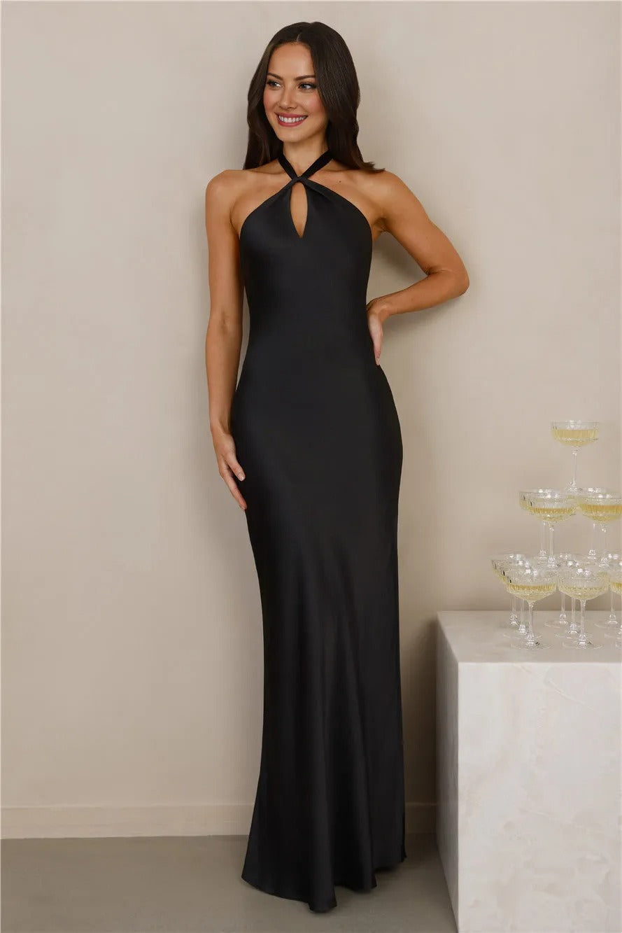 The Delilah Satin Halter Maxi Dress Black