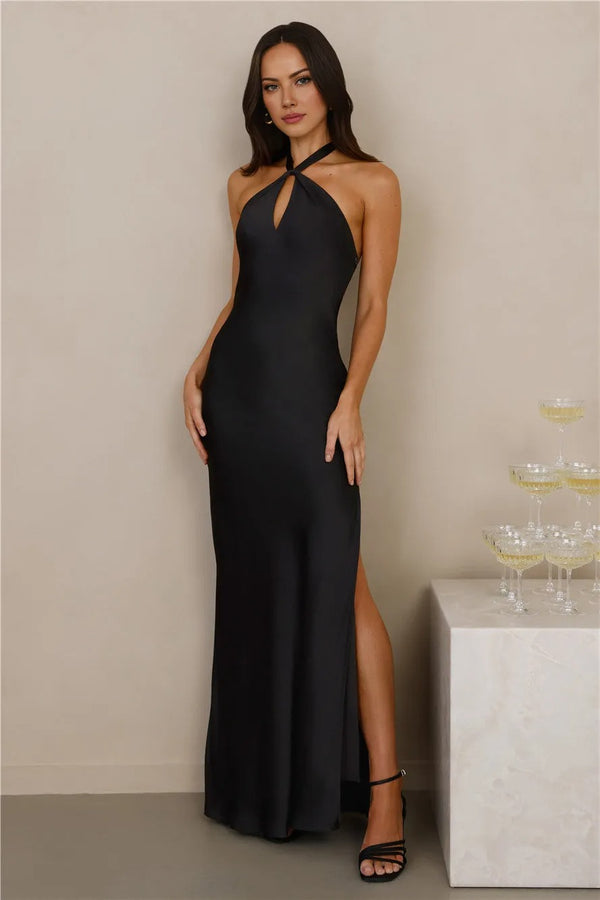 The Delilah Satin Halter Maxi Dress Black