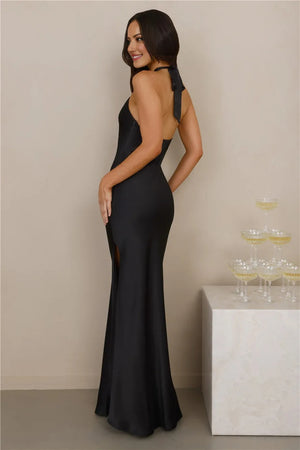The Delilah Satin Halter Maxi Dress Black