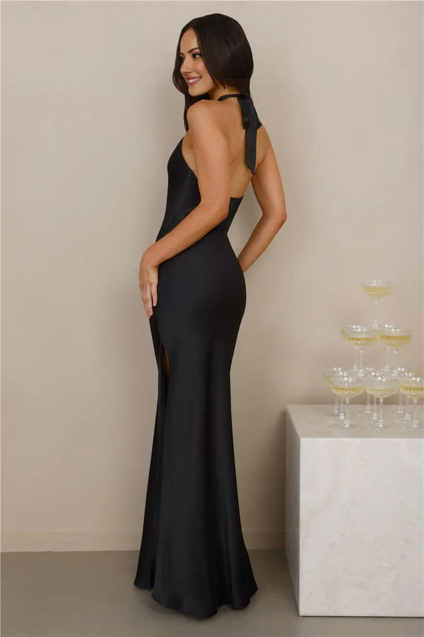 The Delilah Satin Halter Maxi Dress Black