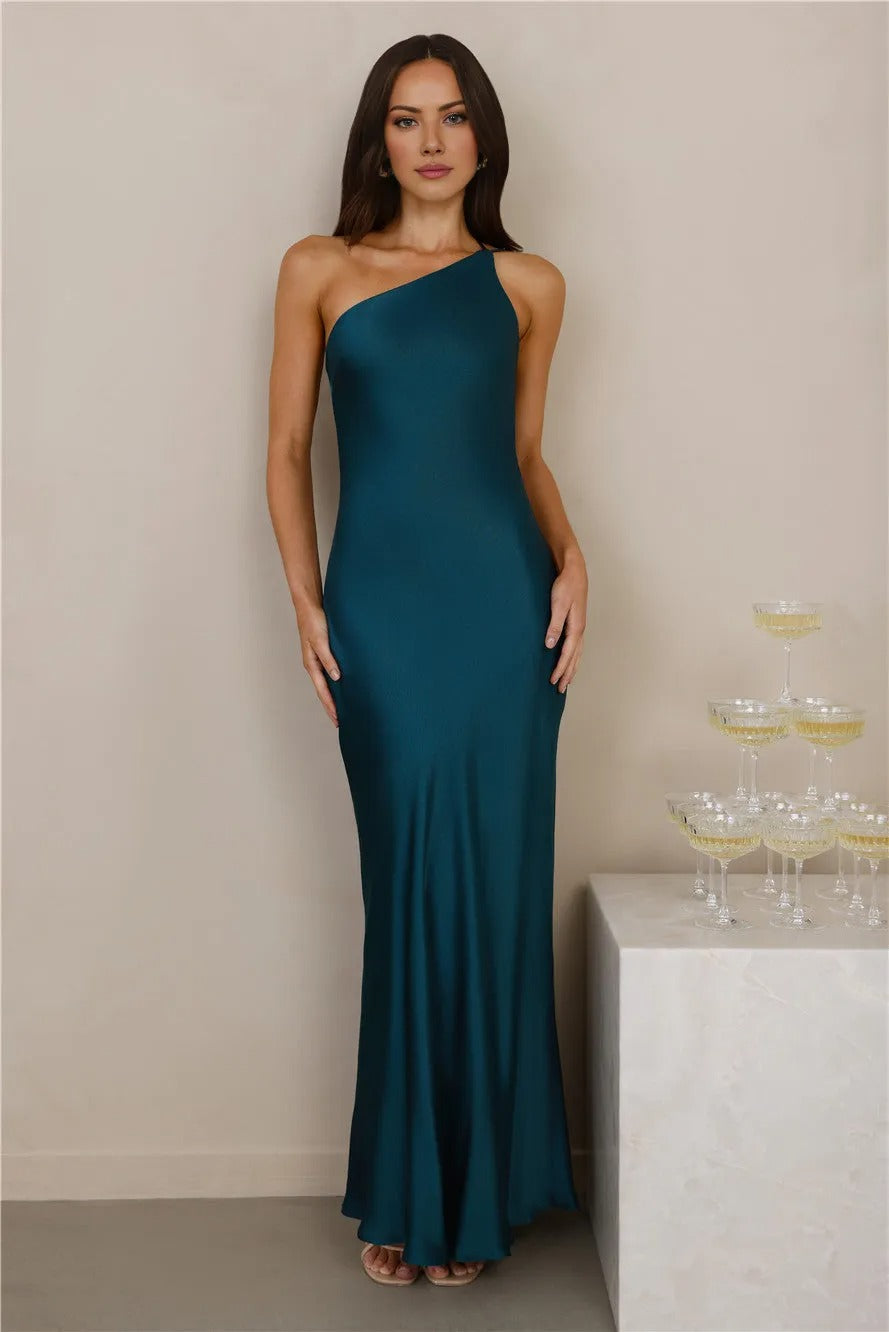 The Evangeline One Shoulder Satin Maxi Dress Teal