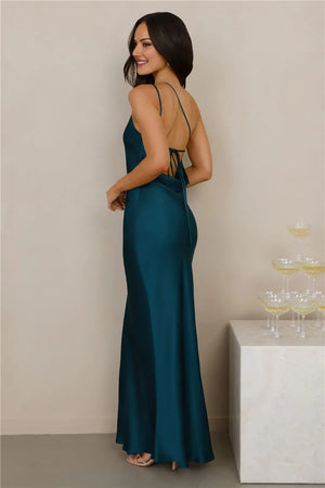 The Evangeline One Shoulder Satin Maxi Dress Teal