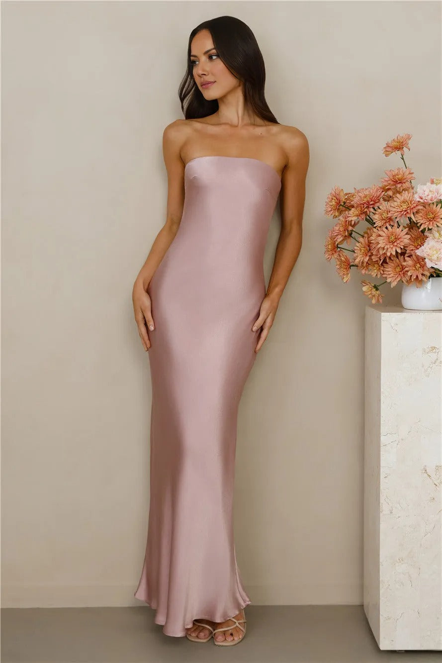 The Felicity Strapless Satin Maxi Dress Dusty Pink