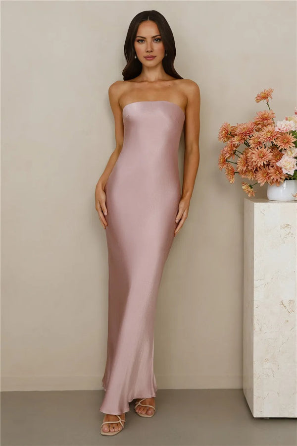 The Felicity Strapless Satin Maxi Dress Dusty Pink