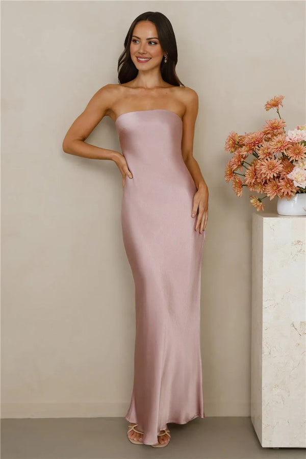 The Felicity Strapless Satin Maxi Dress Dusty Pink