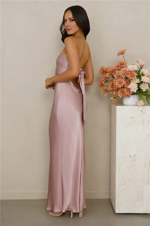 The Felicity Strapless Satin Maxi Dress Dusty Pink
