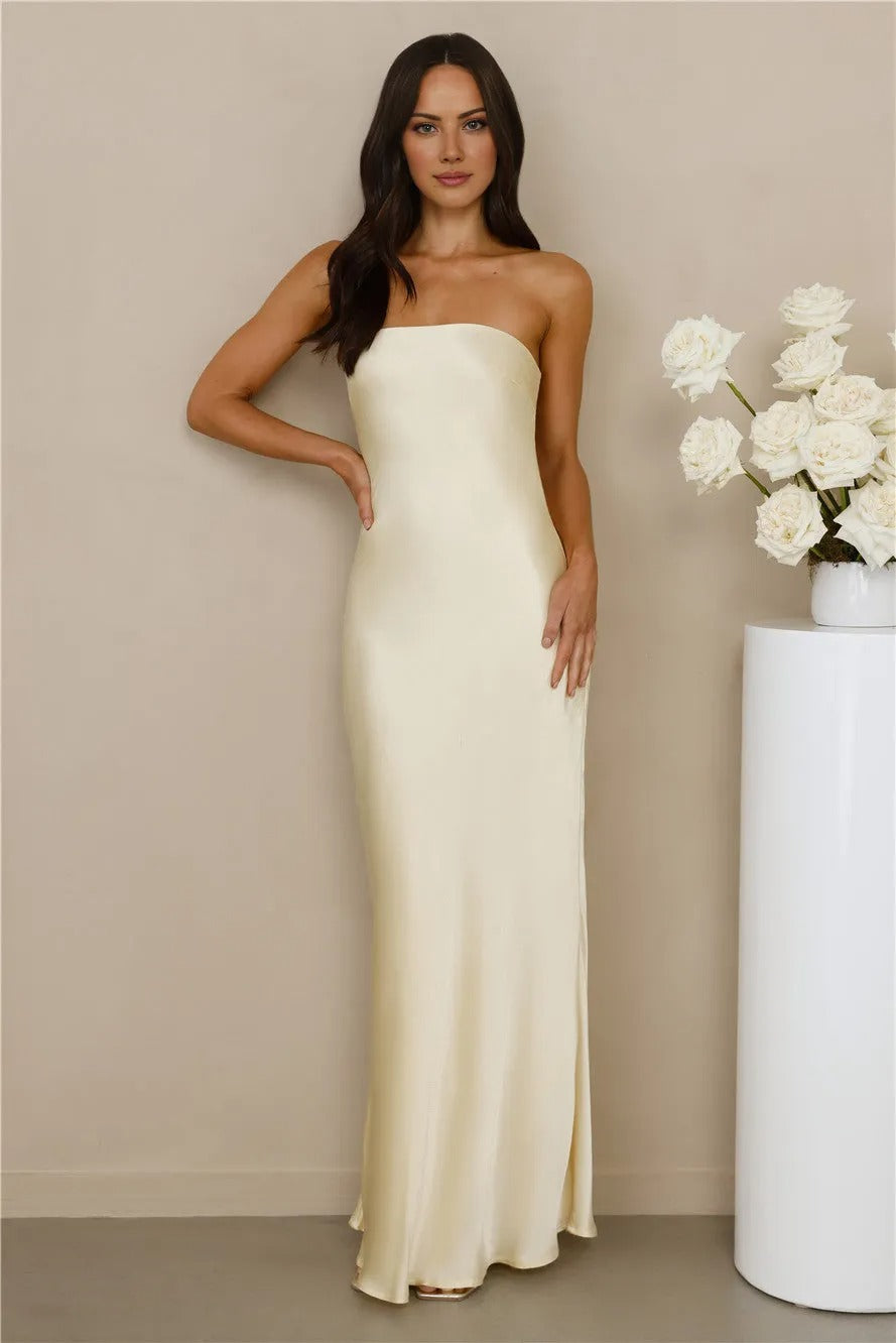The Felicity Strapless Satin Maxi Dress Yellow