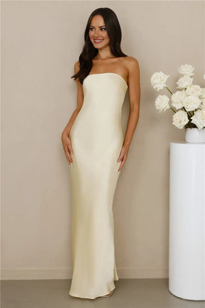 The Felicity Strapless Satin Maxi Dress Yellow