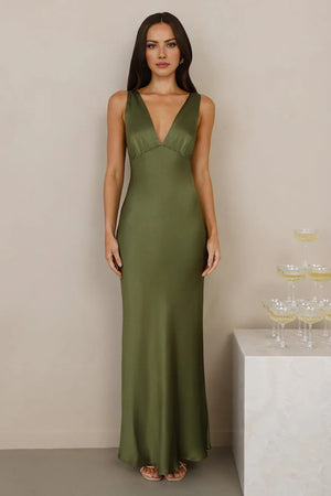 The Isabeau Satin Maxi Dress Olive