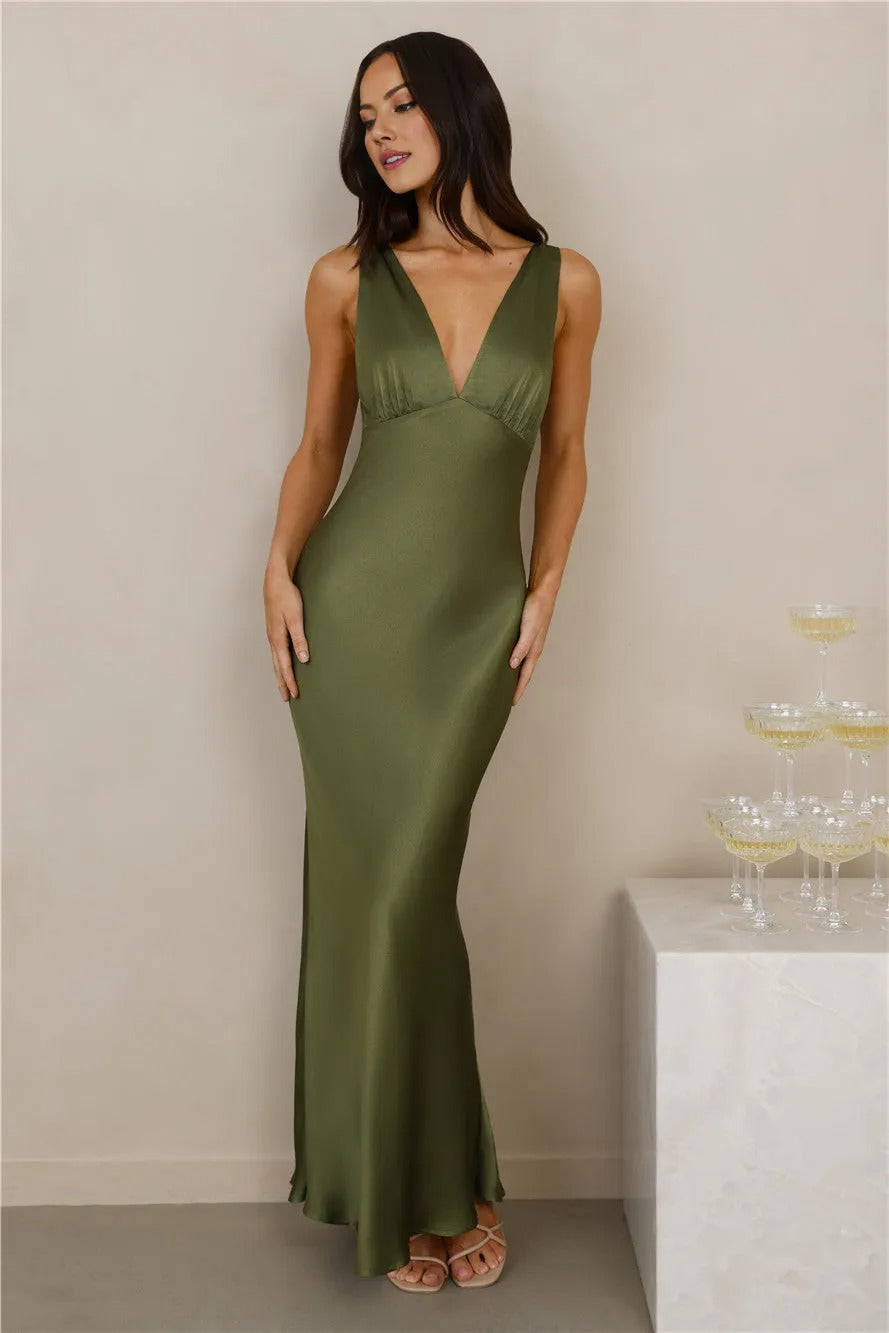The Isabeau Satin Maxi Dress Olive