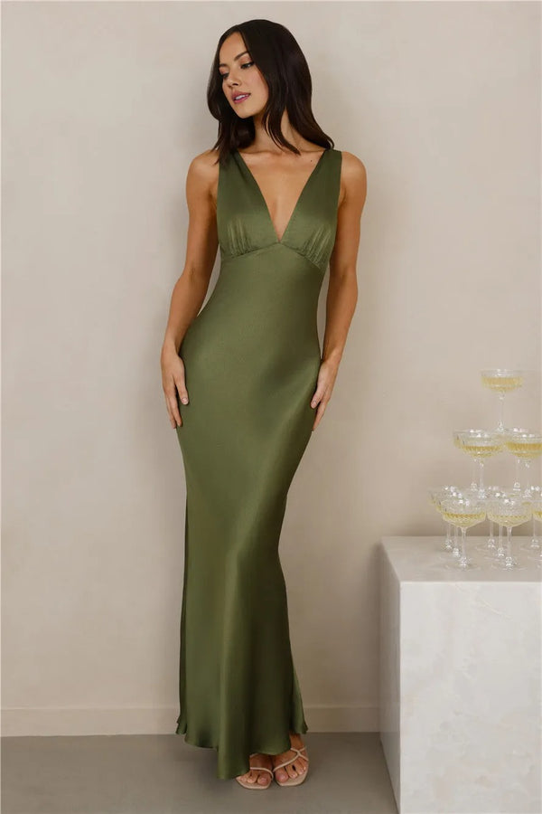 The Isabeau Satin Maxi Dress Olive
