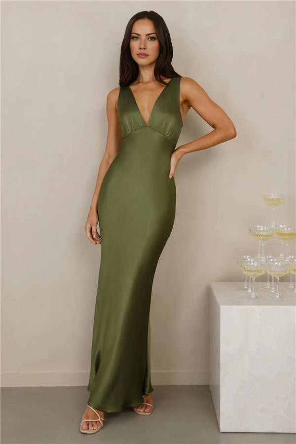 The Isabeau Satin Maxi Dress Olive