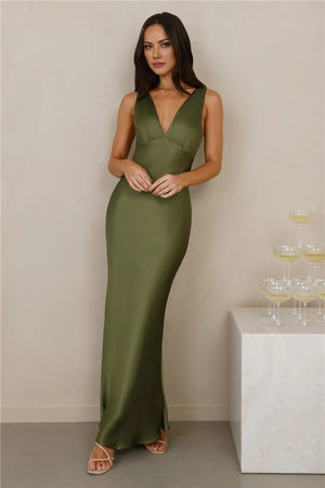 The Isabeau Satin Maxi Dress Olive