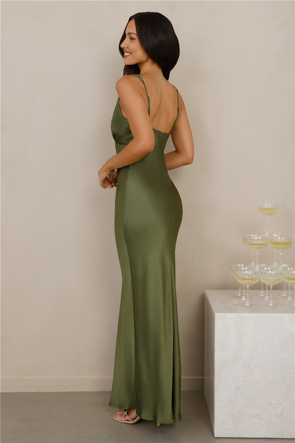 The Isabeau Satin Maxi Dress Olive