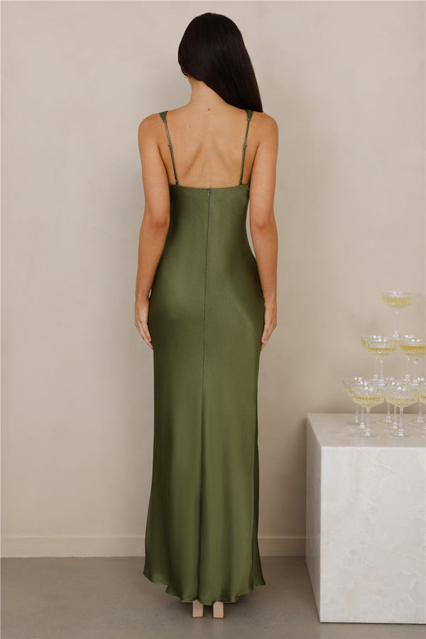 The Isabeau Satin Maxi Dress Olive