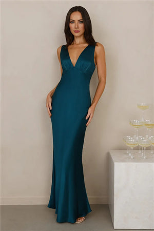 The Isabeau Satin Maxi Dress Teal