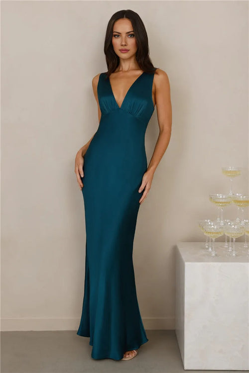 The Isabeau Satin Maxi Dress Teal