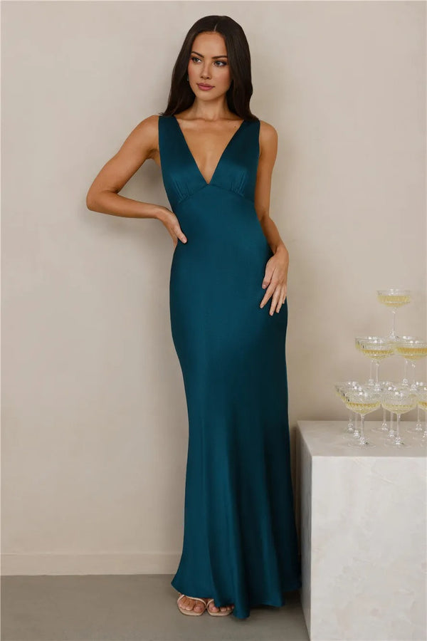 The Isabeau Satin Maxi Dress Teal