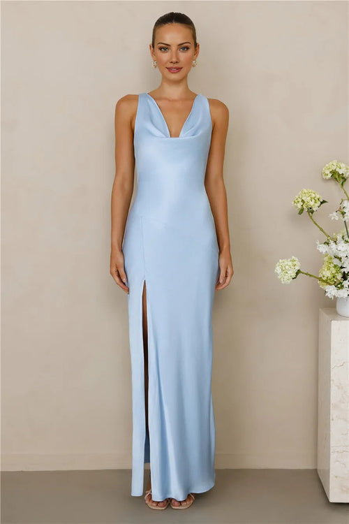 The Loretta Cowl Satin Maxi Dress Blue