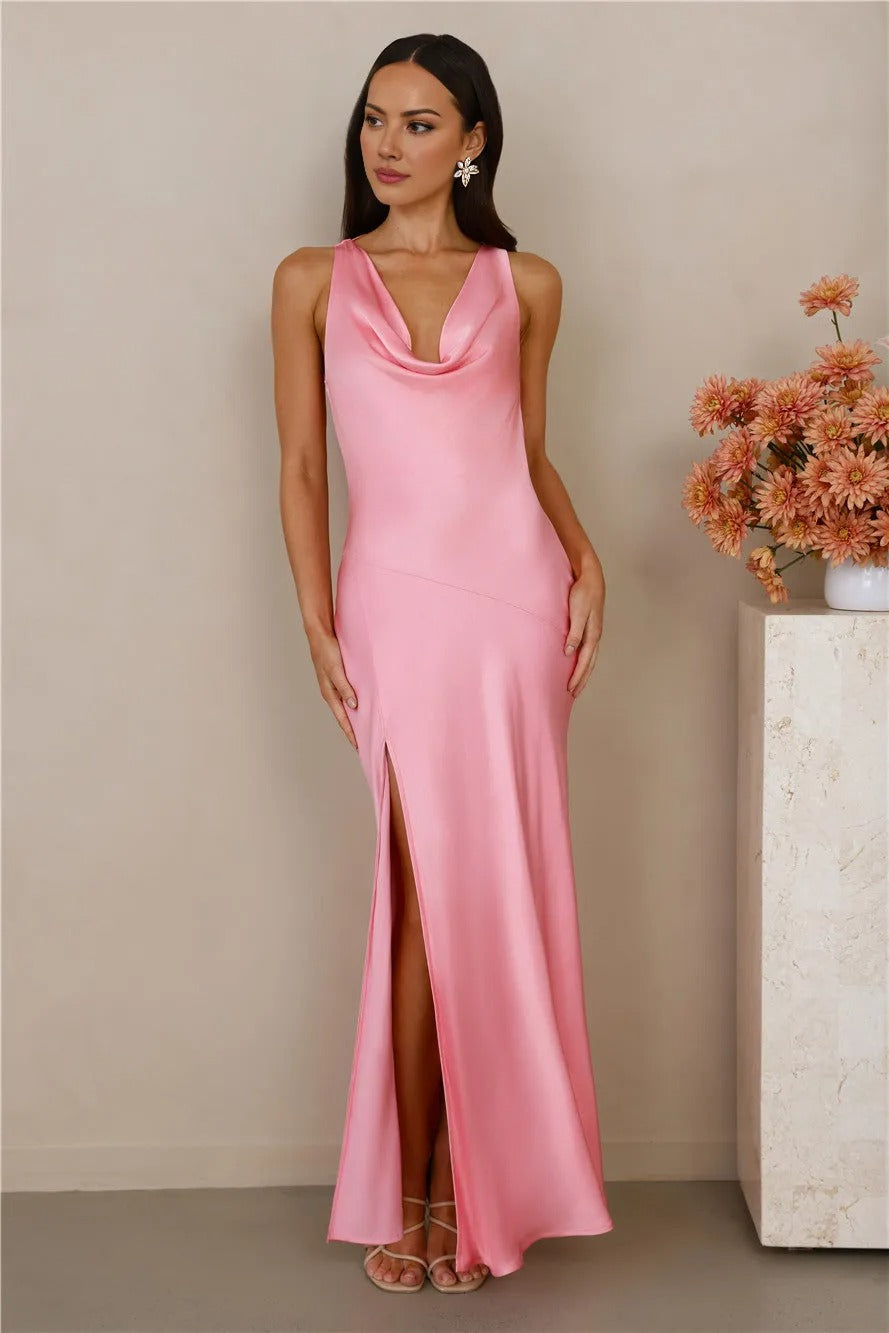 The Loretta Cowl Satin Maxi Dress Pink