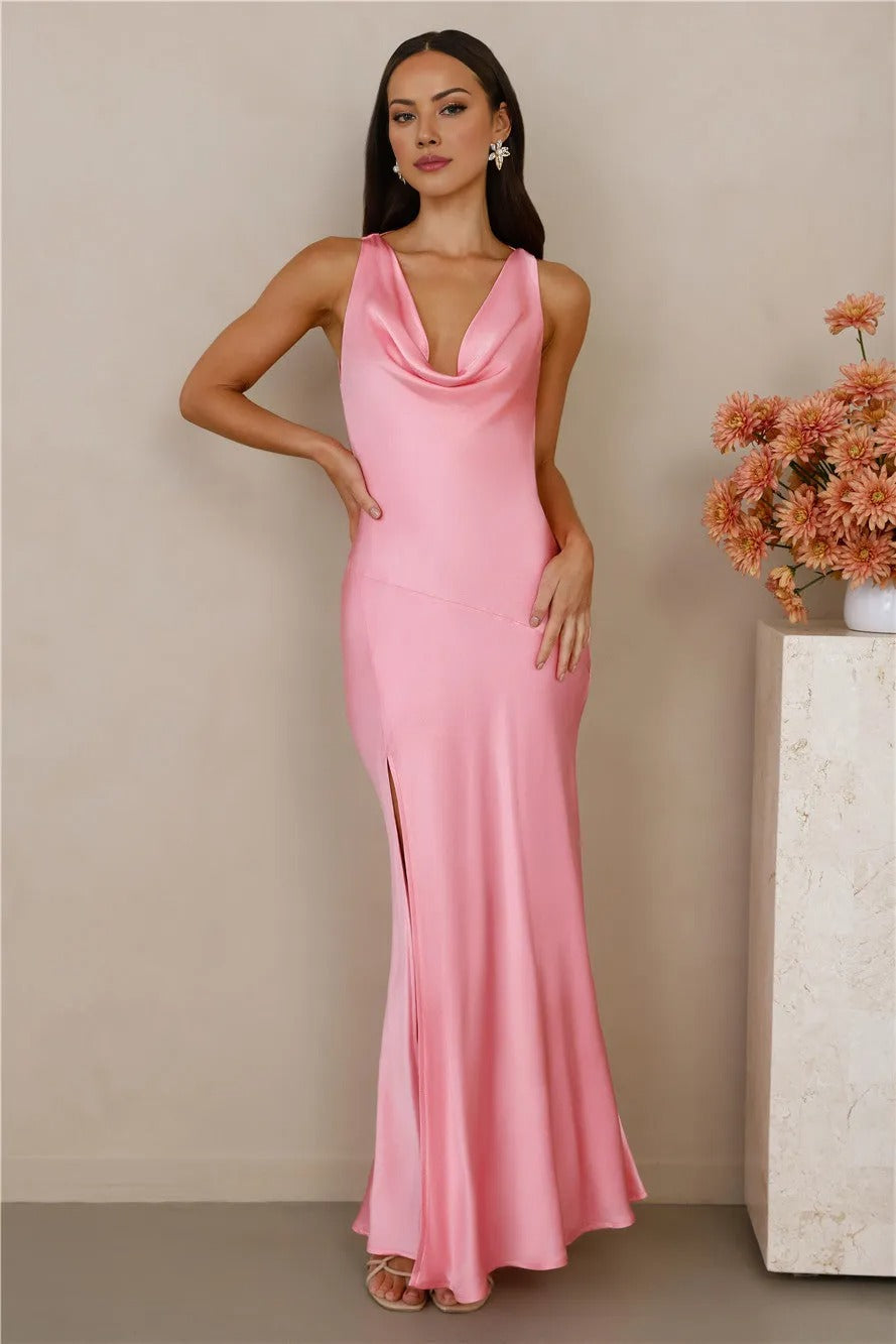 The Loretta Cowl Satin Maxi Dress Pink