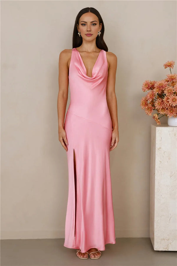 The Loretta Cowl Satin Maxi Dress Pink