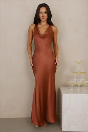The Loretta Cowl Satin Maxi Dress Copper