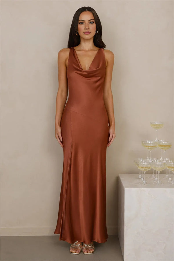 The Loretta Cowl Satin Maxi Dress Copper