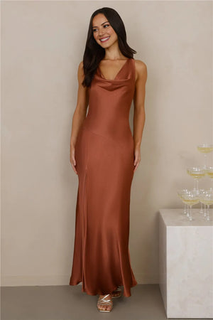 The Loretta Cowl Satin Maxi Dress Copper