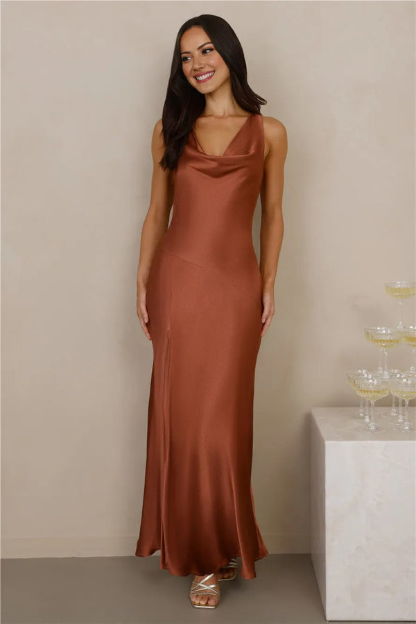 The Loretta Cowl Satin Maxi Dress Copper