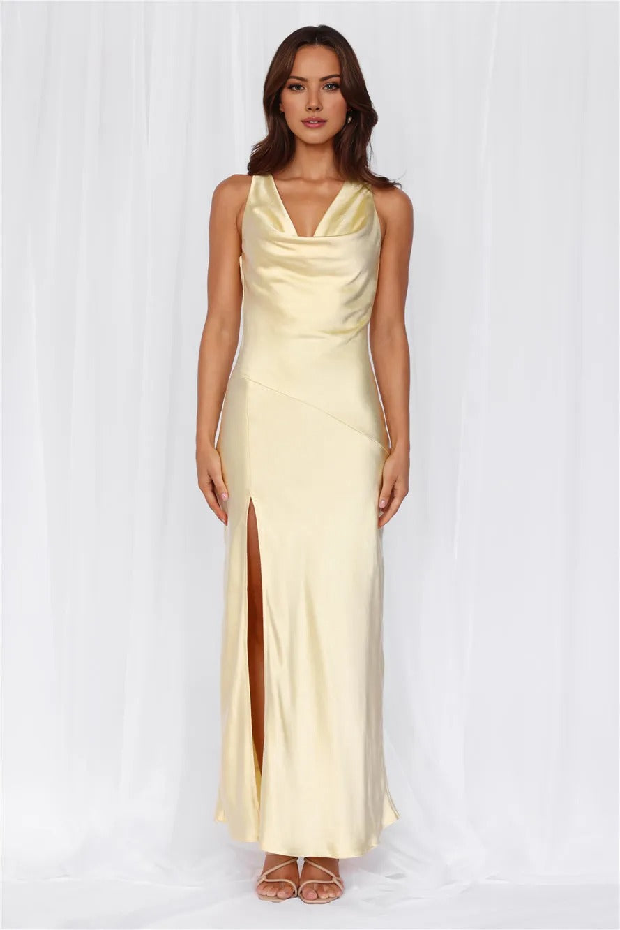 The Loretta Cowl Satin Maxi Dress Yellow