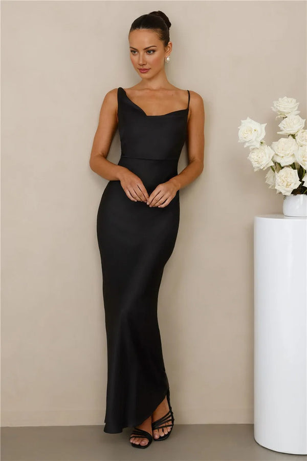 The Madeline Cowl Satin Maxi Dress Black