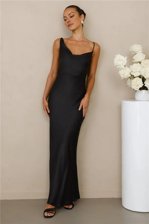 The Madeline Cowl Satin Maxi Dress Black