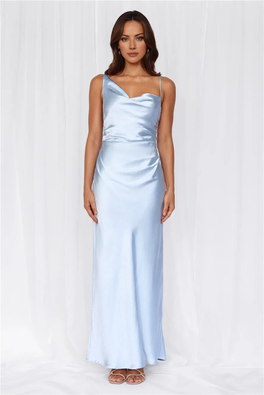 The Madeline Cowl Satin Maxi Dress Blue