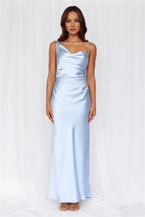 The Madeline Cowl Satin Maxi Dress Blue