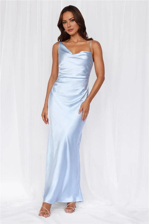 The Madeline Cowl Satin Maxi Dress Blue