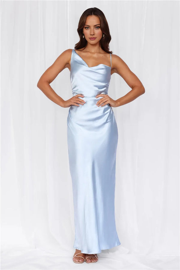 The Madeline Cowl Satin Maxi Dress Blue