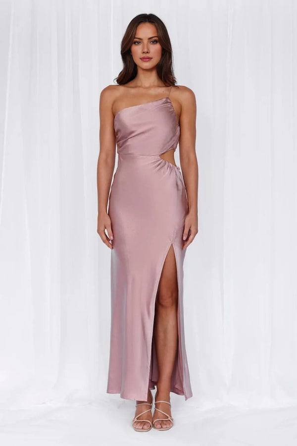 The Opal One Shoulder Satin Maxi Dress Dusty Pink