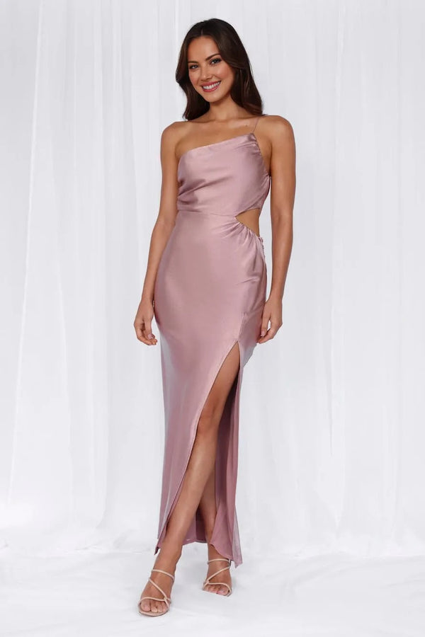 The Opal One Shoulder Satin Maxi Dress Dusty Pink