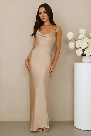 The Penelope Cowl Satin Maxi Dress Champagne